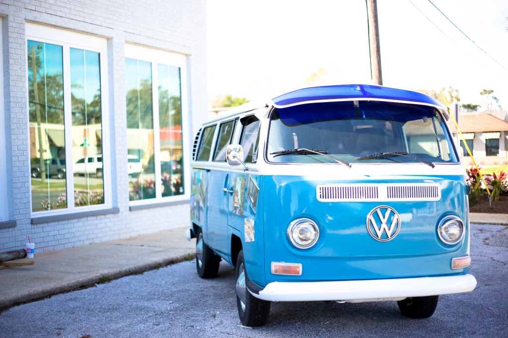 Photo of a blue volkswagon combi van used as a prompt for a microfiction story